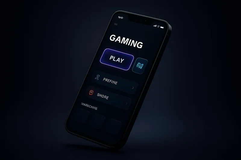 Sleek smartphone floating with dark-themed gaming app UI and glowing screen