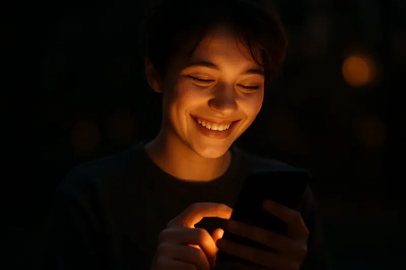 Young person smiling while tapping phone with warm screen light and moody bokeh background