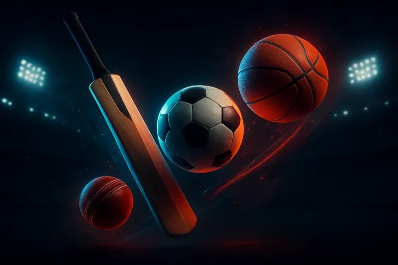 Cricket bat, ball, football, and basketball with neon lighting on dark stadium background