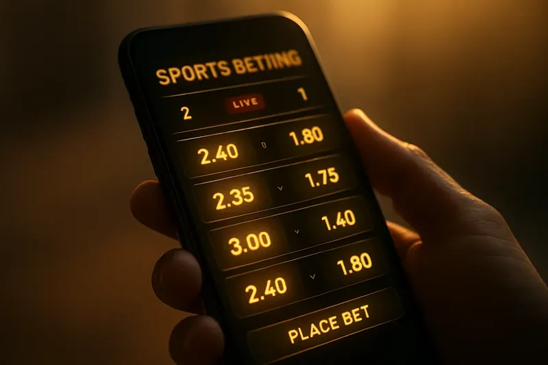 Close-up of sports betting app interface on smartphone with glowing odds and live score tickers