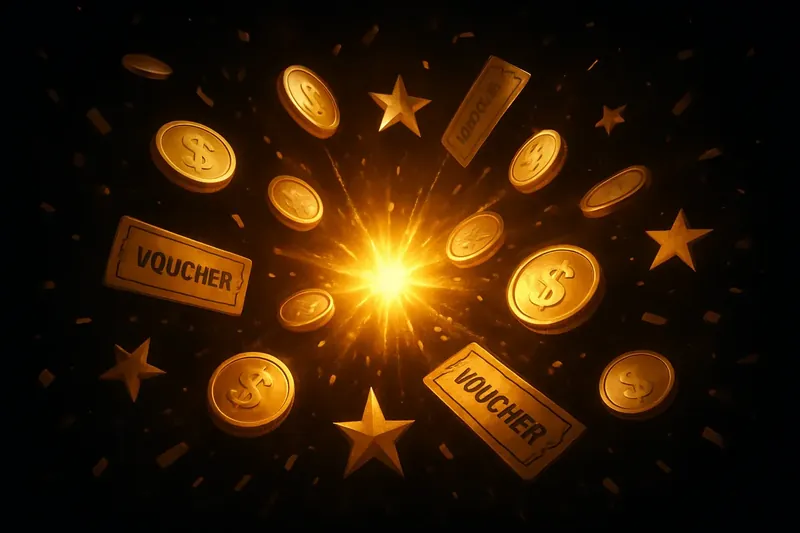 Golden coins, voucher tickets, and stars radiating from a bright central flash with celebration confetti on a dark background