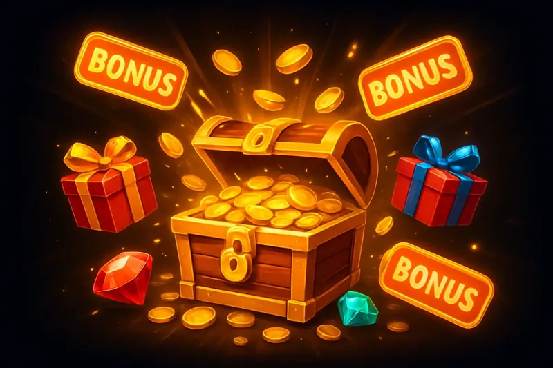 Golden treasure chest bursting with coins, gems, gifts, and glowing bonus tags on dark background