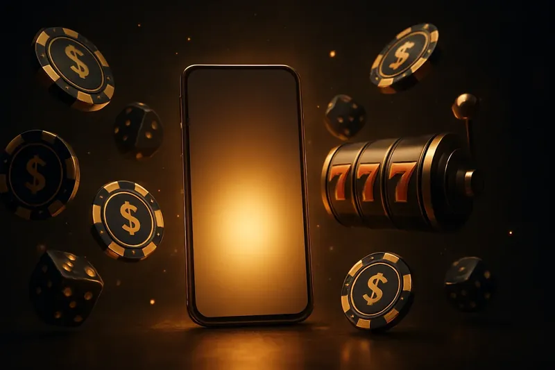 Casino Promo Banner Glowing smartphone surrounded by casino chips, slot reels, and dice on a dark luxurious background