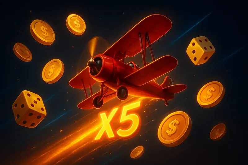 Red airplane soaring with multiplier trail, golden coins and dice, neon blue and gold accents, high-energy digital art