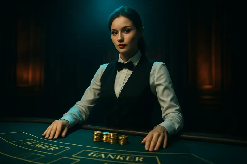 Elegant Live Casino Table Professional female dealer at green felt live casino table with golden chips and dramatic lighting