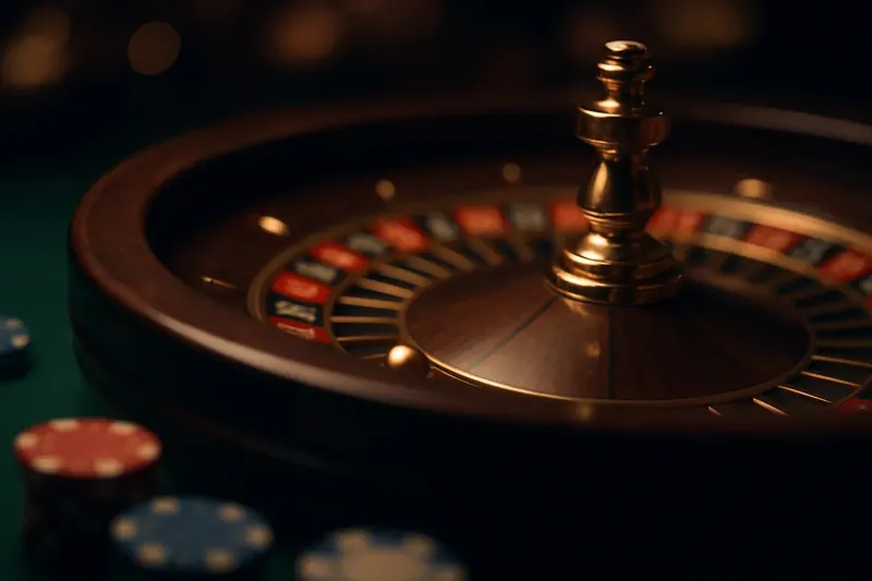 Roulette Wheel Close-Up Close-up of spinning roulette wheel with golden ball, green felt, and scattered chips in a premium casino atmosphere