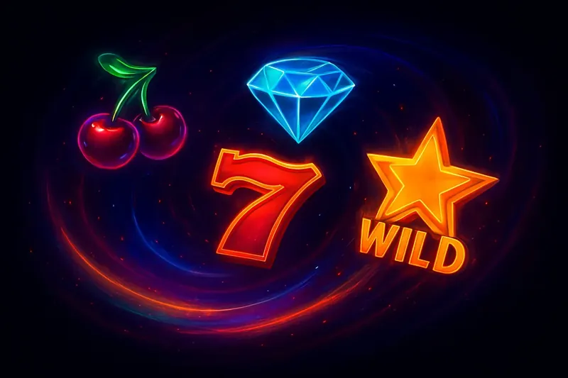 Colorful slot symbols including cherries, diamonds, lucky sevens, and wild stars in a neon swirl on dark background