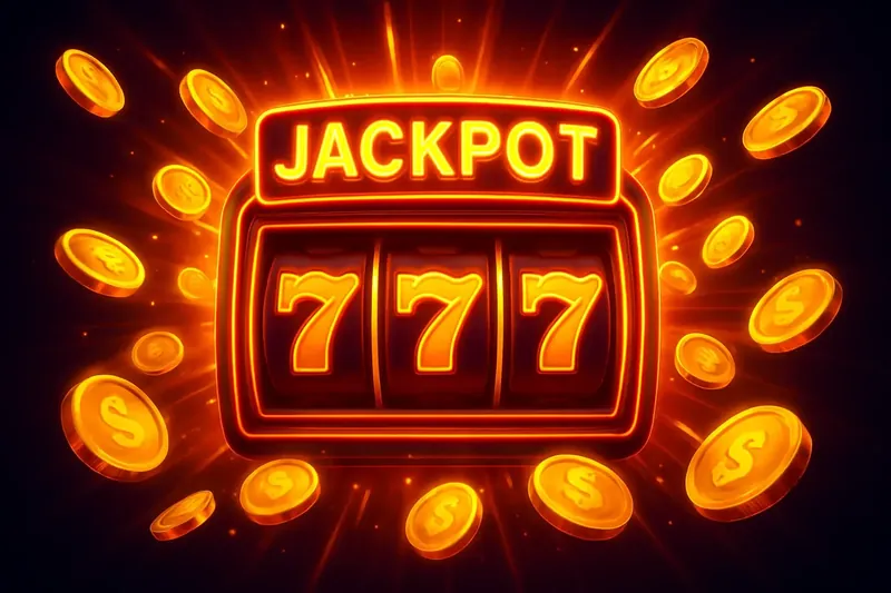 Slot machine reels with golden 777 symbols and coins exploding in neon lights